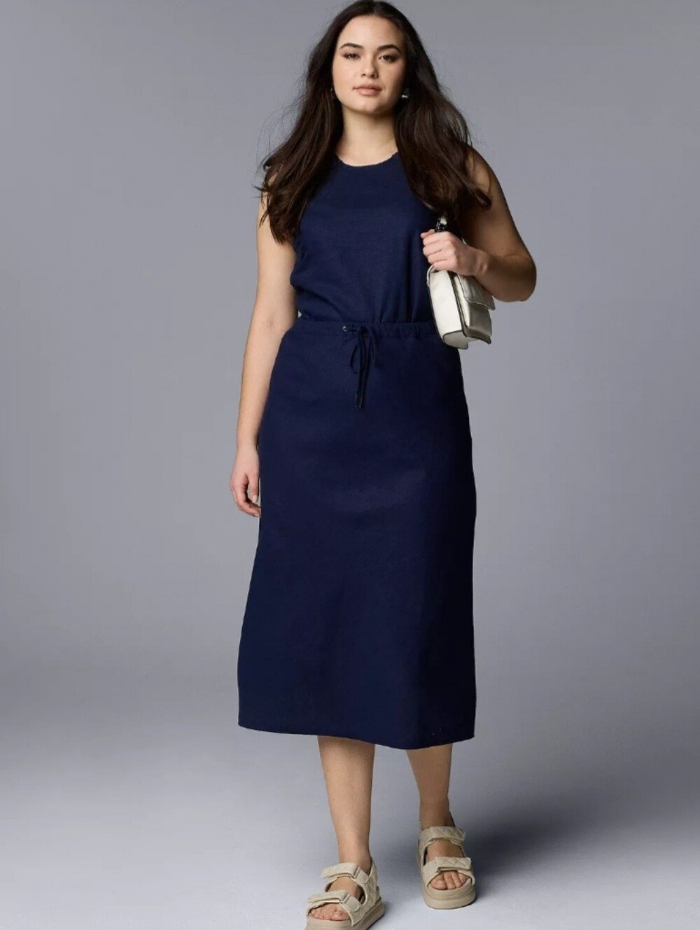 Linen Blend Navy Midi Skirt with Drawstring Waist